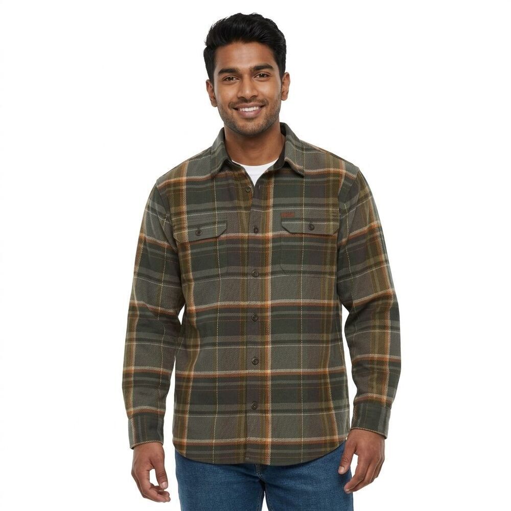 Orvis Mens Flannel Shirt XXL 2XL Heavyweight Olive Plaid Woodsman